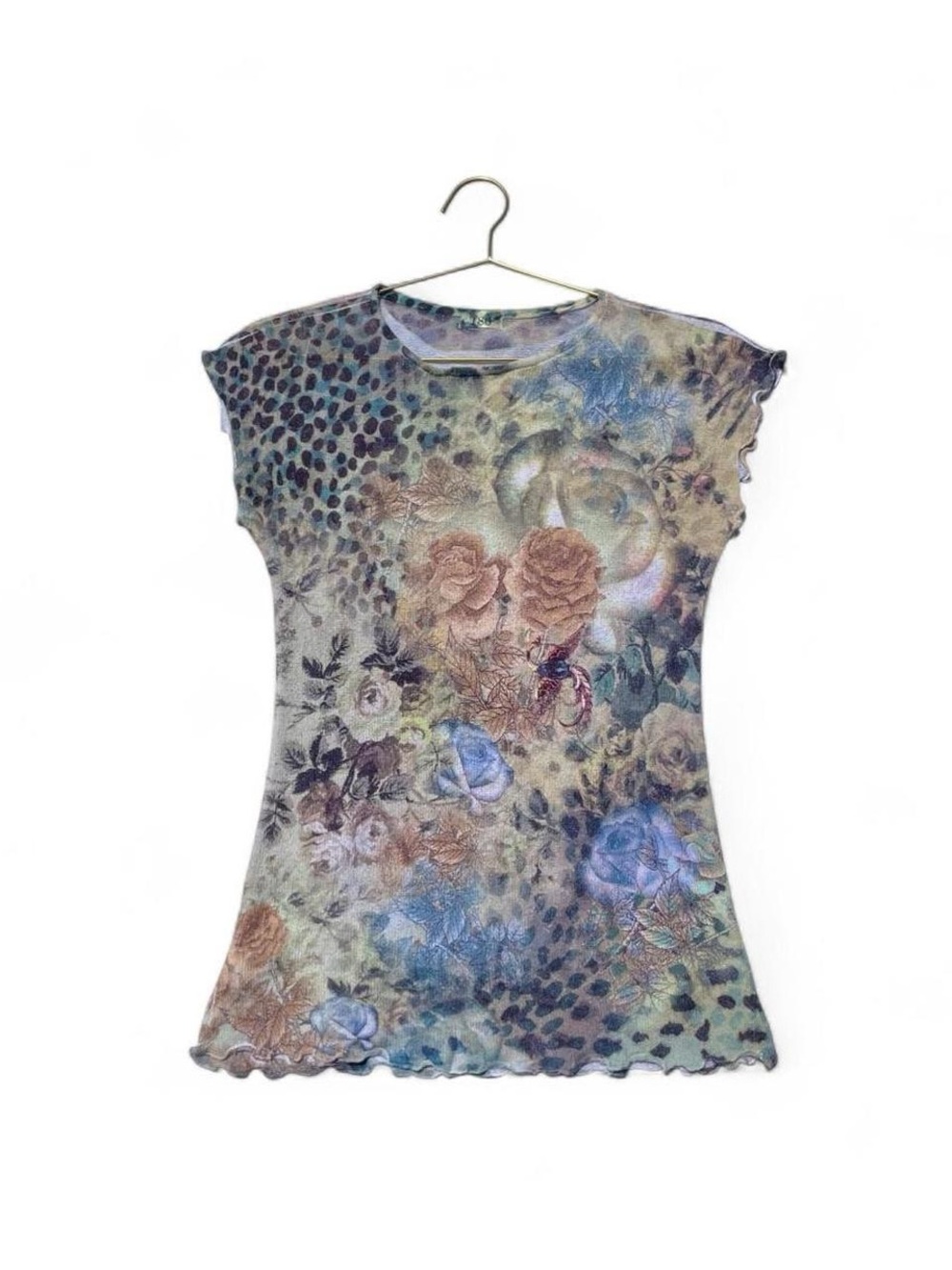 Vintage Y2K Floral Leopard Mesh Tunic Top Fairy Grunge M